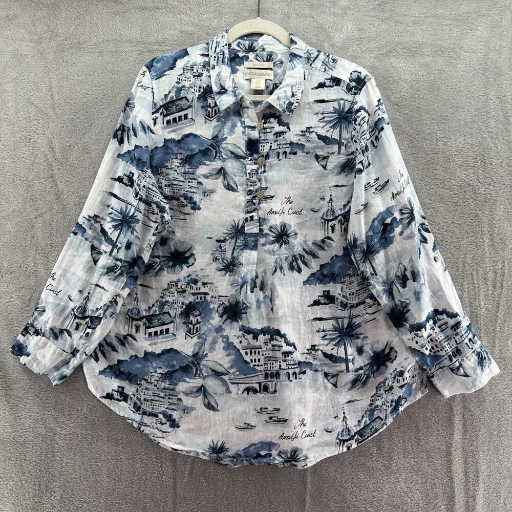 Cynthia Rowley Top Women 1X Blue Linen Floral Popover 1/4 Button Roll Tab Sleeve